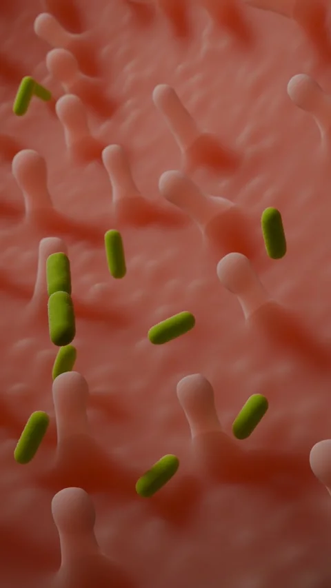 Lactobacillus Bacteria Microscopic Animation on Intestinal Villi Vídeos de archivo 347561052