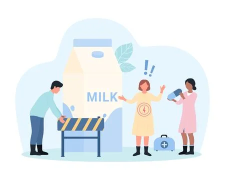 Lactose intolerance, tiny people holding barrier to put in front of bottle of Stock Illustration