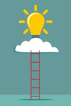 Ladder and cloud with idea light bulb. Success concept. Illustrazione stock