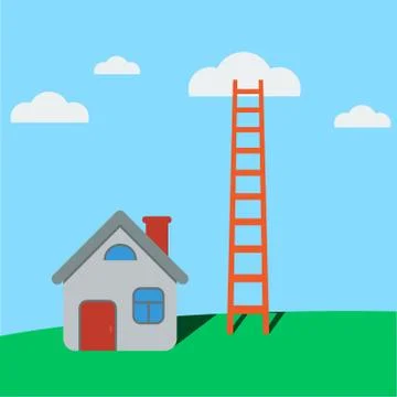 Ladder to clouds and house. Vector minimalistic design competition concept. Stock Illustration