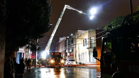 Ladder during structure fire Stockbeeldmateriaal 116709617