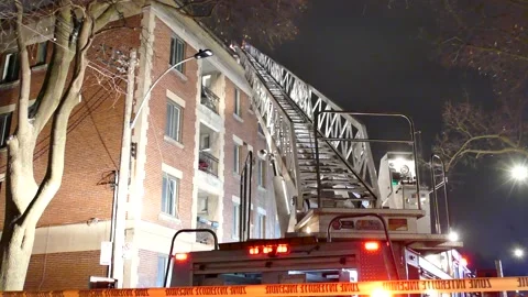 Ladder erected at old building during fire Stock Footage 139663838