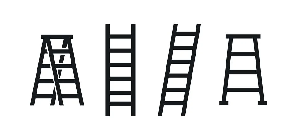 Ladder icon set with step and straight ladder silhouettes Stock Illustration