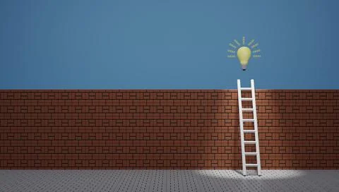 Ladder lean on brick wall with idea concept 3D render Illustrazione stock
