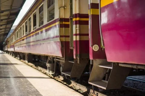 Ladder to lower class train car on train station Foto stock