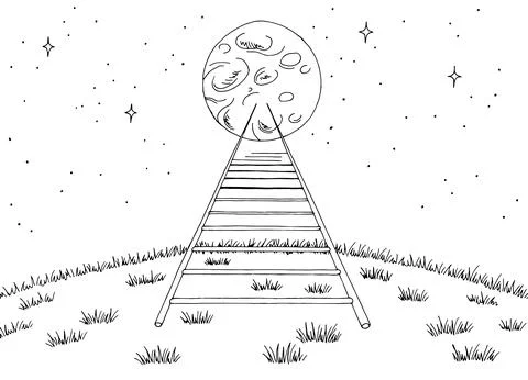 Ladder to the moon landscape graphic black white sketch illustration vector Stock Illustration