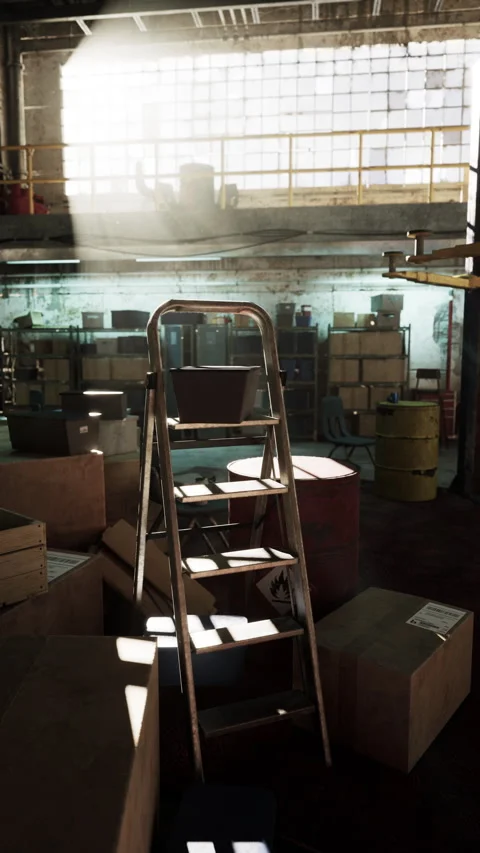Ladder in Room of Boxes Stock Footage 287129383