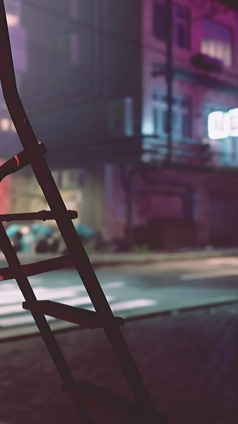Ladder stands on sidewalk near empty street in city at night with lights Stock Footage 339401516