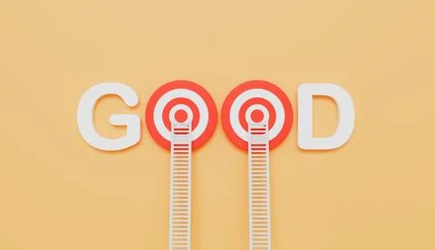Ladders leaning on Good written eye target on wall pastel color background 스톡 일러스트