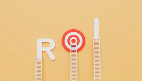 Ladders leaning on ROI written eye target on wall pastel color background Illustrazione stock