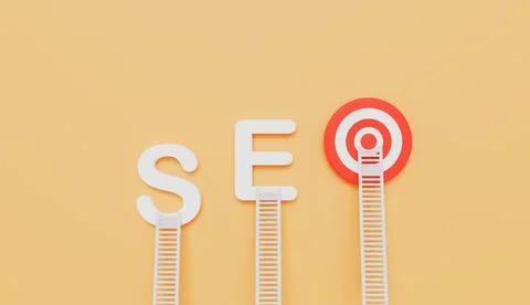 Ladders leaning on SEO written eye target on wall pastel color background Illustrazione stock