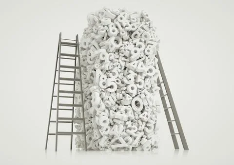 Ladders to a tower of numbers. Solving problems and confusion concept. Illustrazione stock