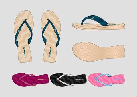 Ladies Wave Pattern Flip Flop Sandal Technical Drawing Vector Collection Set Stock Illustration