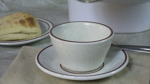 Ladling clam chowder into a soup cup Stock Footage 94319458