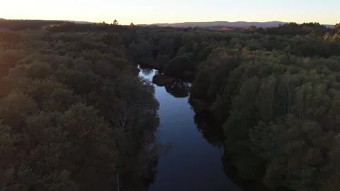 Ladra River At Sunset In Begonte, Spain - Aerial Shot Stock Footage 320609831