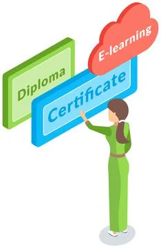 Lady analyzes online learning, obtaining document of education, graduation Illustrazione stock