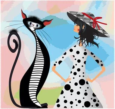 Lady and cat, Stock Illustration