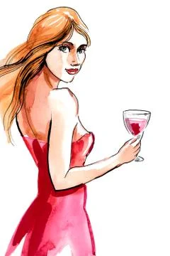 Lady and wine Illustrazione stock