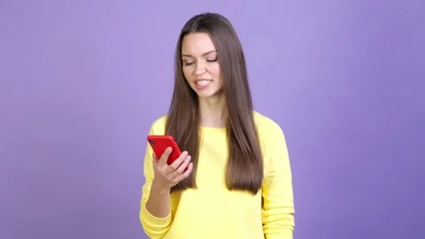 Lady answer call device chat hater person isolated vibrant color background Stock Footage 169998578