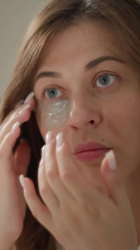 Lady applies moisturizing patch under eye after taking shower Vídeos de archivo 309808269