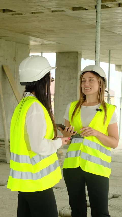 Lady architects analyze inspection process of unfinished building Stock Footage 317626673
