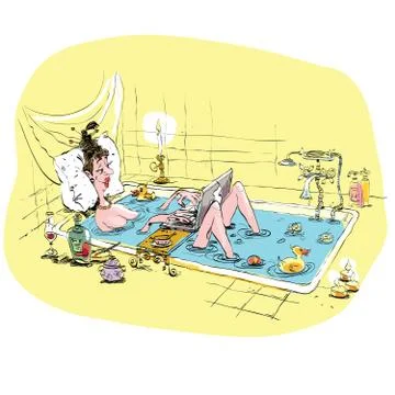 Lady in the bath working on laptop Stock Illustration