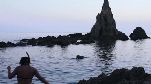 Lady In Bikini Approaching And Diving Into The Sea, Snorkeling At Sunset 스톡 동영상 251496339