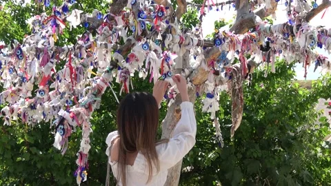 Lady binds a ribbon on wish tree Stock Footage 201364151