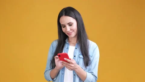 Lady blogger use device read network feedback isolated vivid color background Stock Footage 170011416