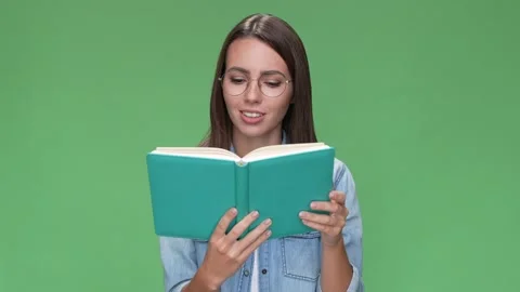 Lady break pause cuddle copybook reader lover isolated green color background Stock Footage 166044934