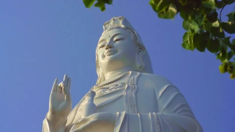 Lady Buddha Statue in Da Nang Vietnam with Leaves and Sky Stock Footage 343408146