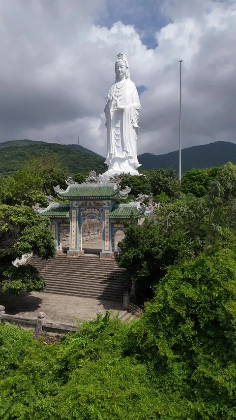 Lady Buddha Statue Standing at Linh Ung Pagoda in Da Nang, Vietnam Stock Footage 335834657