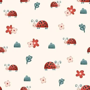 Lady bug kids seamless pattern, red ladybugs on beige background Ilustración de archivo