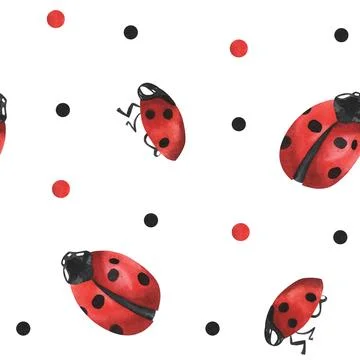 Lady bugs watercolor seamless pattern. Hand drawn red insects on white Stock Illustration