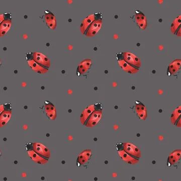 Lady bugs watercolor seamless pattern. Hand drawn red insects on white Stock Illustration