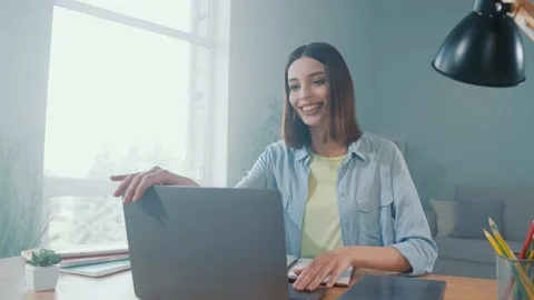 Lady ceo sit table end type webinar plan rest look window in interior flat Stock Footage 166216643
