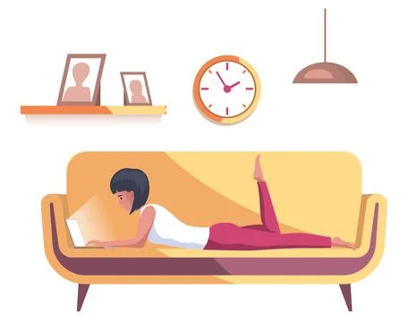 Lady with computer lying on sofa. Girl studying online courses or working Stock Illustration