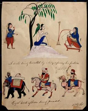 A lady consults a devotee about her fortune in the top half of the painting.. Stock Illustration
