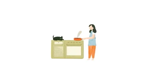 A lady is cooking on her pan at the kitchen counter, black cat is laying down Stock Footage 260451339