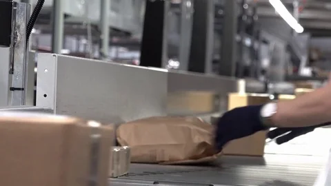 Lady correcting parcels on conveyor - time lapse Stock Footage 83673453