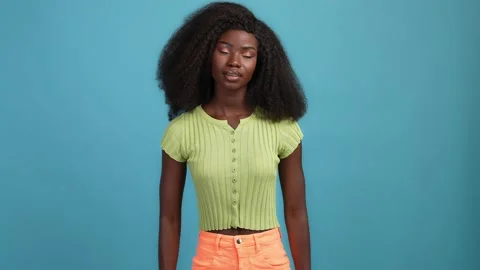 Lady crisis deadline problem chronic fatigue isolated blue color background Stock Footage 166903331