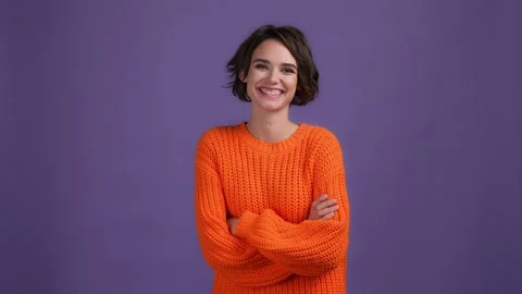 Lady cross arms look empty space isolated dark vibrant color background Stock Footage 169361023