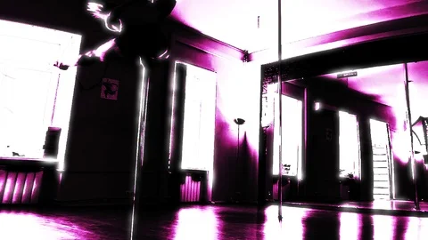 Lady Dancing On A Pole And Doing Tricks On Camera Front View And Shining Video stock 90129268