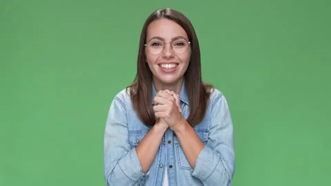Lady delighted luck win message fist up yell isolated green color background Video stock 166044555