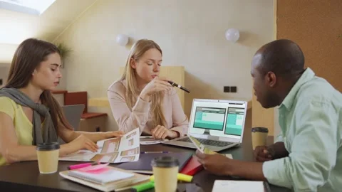 Lady discussing software UI with diverse colleagues Stock Footage 142542865