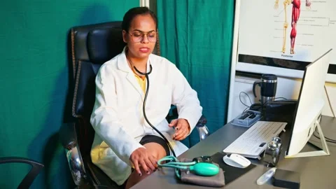 Lady doctor arranges tools talking to patient at clinic Stock Footage 303967616