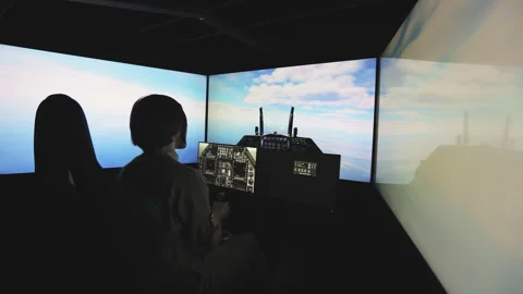 Lady doing aerial maneuvers using virtual flight simulator Stock Footage 250798159