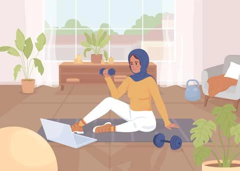 Lady doing exercise with dumbbells flat color vector illustration Illustrazione stock