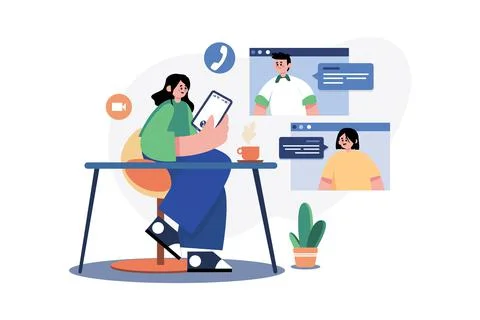 Lady Doing Online Meeting On A Tablet With Coffee Cup On The Desk Illustrazione stock