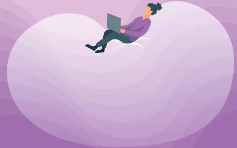 Lady Drawing Sitting Back On A Large Bean Bag Using Laptop. Woman Relaxing And 스톡 일러스트